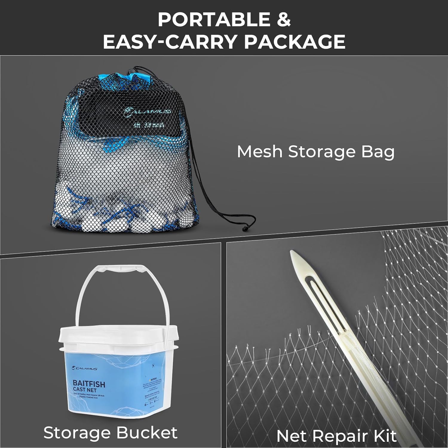 Calamus Cast Net 3/8" Mesh for Freshwater and Saltwater, 3ft-6ft Radius Casting Nets with Heavy-Duty Sinking Nylon Line, Mesh Storage Bag & Storage Bucket & Net Repair Kit - Image 6