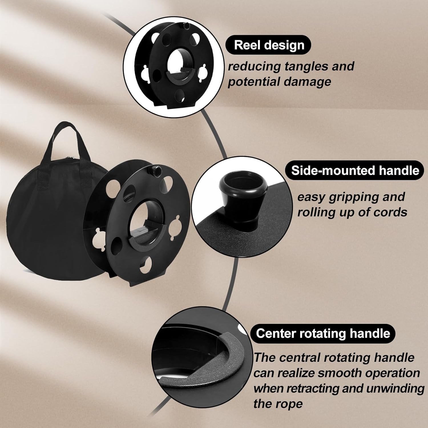 Cord Storage Reel Easy to Use Center Spin Handle,with Carrying Bag 100feet(black) - Image 3