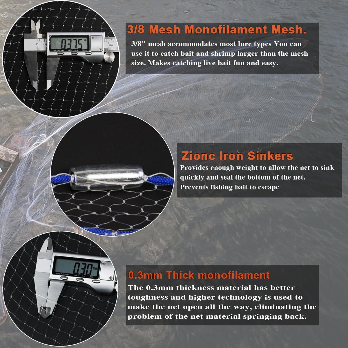 Drasry Saltwater American Fishing Cast Net 3/8inch Mesh Size for Bait Shrimp Trap Fish Heavy Duty Sinkers Throw Net 3FT/4FT/5FT/6FT/7FT/8FT/9FT/10FT Radius - Image 2