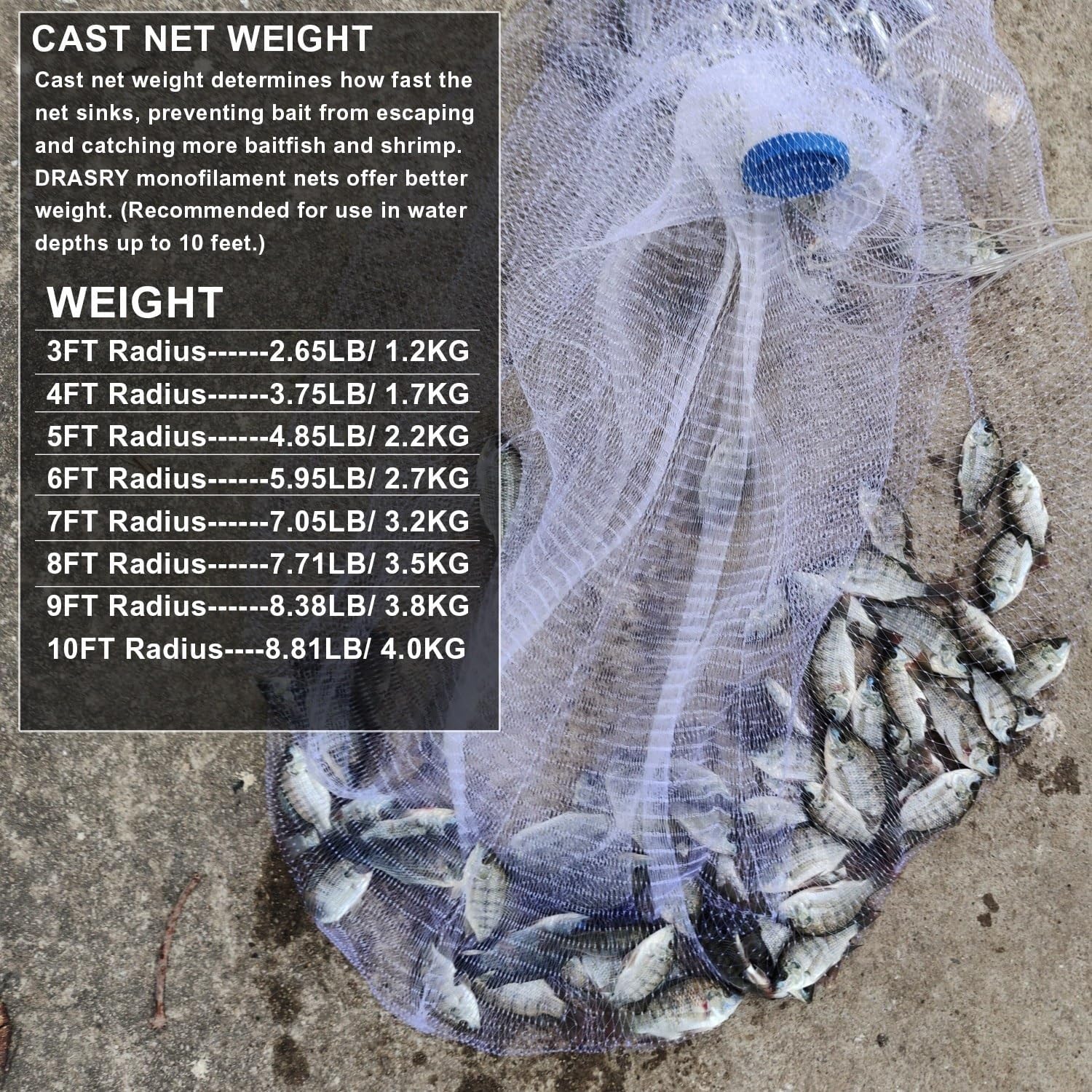 Drasry Saltwater American Fishing Cast Net 3/8inch Mesh Size for Bait Shrimp Trap Fish Heavy Duty Sinkers Throw Net 3FT/4FT/5FT/6FT/7FT/8FT/9FT/10FT Radius - Image 4