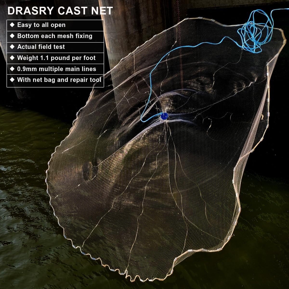 Drasry Saltwater American Fishing Cast Net 3/8inch Mesh Size for Bait Shrimp Trap Fish Heavy Duty Sinkers Throw Net 3FT/4FT/5FT/6FT/7FT/8FT/9FT/10FT Radius - Image 5