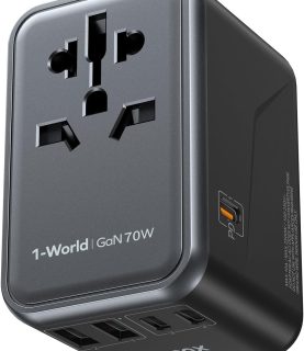 MOMAX Universal Travel Adapter, 70W GaN International Power Adapter, 3 USB-C & 2 USB-A, Worldwide Travel Plug Adapter, International Power Adapter for Most Europe, USA, Japan, Australia (Type C/A/G/I)