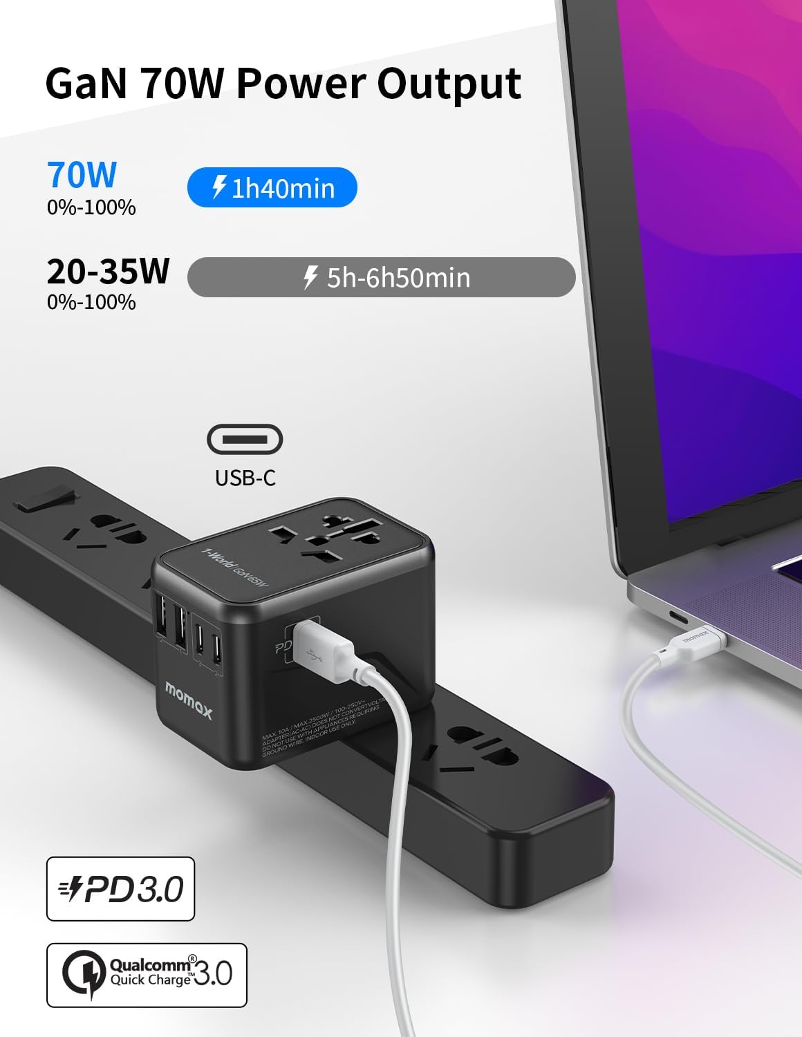 MOMAX Universal Travel Adapter, 70W GaN International Power Adapter, 3 USB-C & 2 USB-A, Worldwide Travel Plug Adapter, International Power Adapter for Most Europe, USA, Japan, Australia (Type C/A/G/I) - Image 3