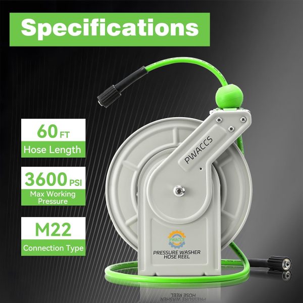 PWACCS Retractable Pressure Washer Hose Reel, 1/4" x 60ft Heavy Duty Power Washer Hose Reel, High Pressure Reel Auto Rewind, Wall/Floor Mounted, 3600 PSI - Image 6