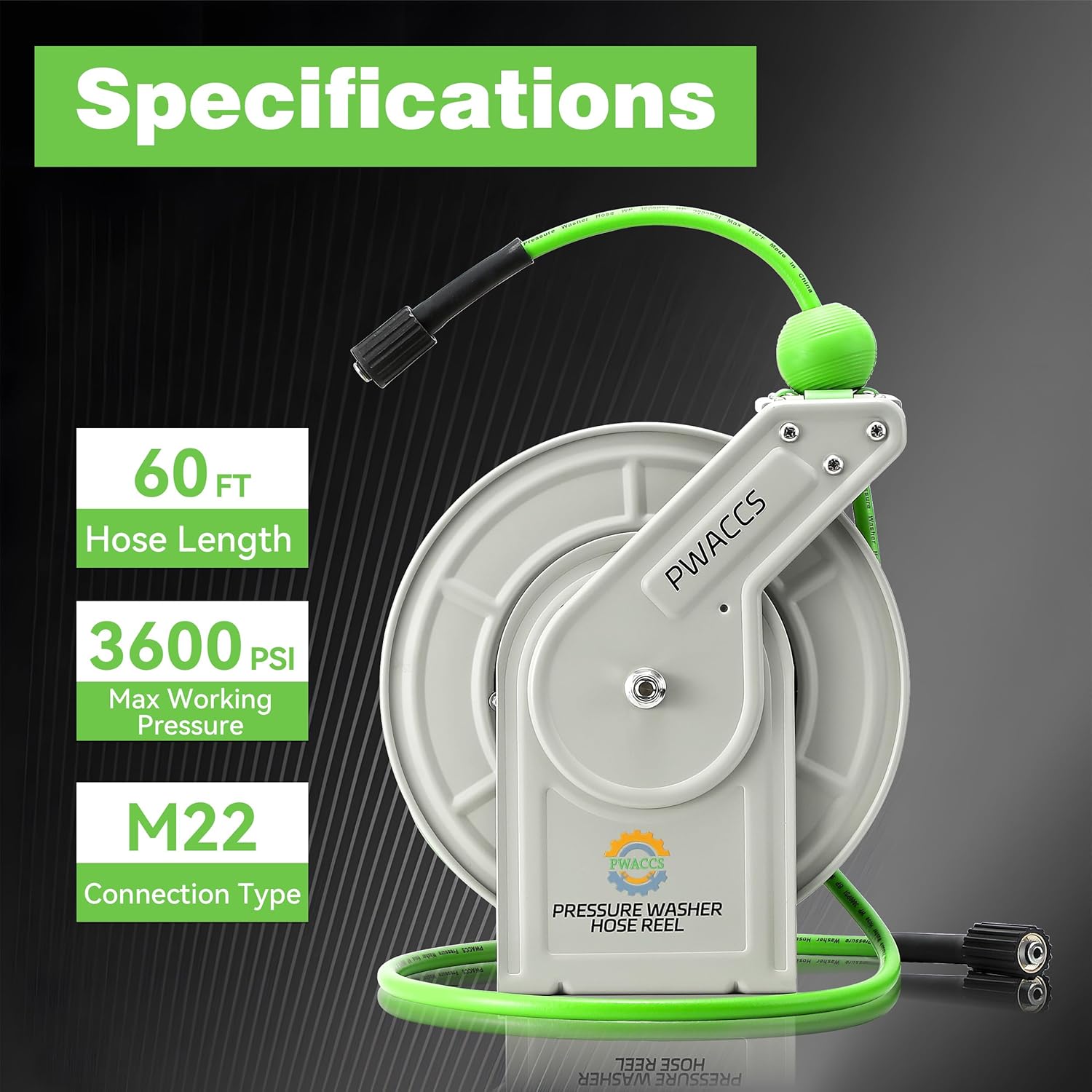 PWACCS Retractable Pressure Washer Hose Reel, 1/4" x 60ft Heavy Duty Power Washer Hose Reel, High Pressure Reel Auto Rewind, Wall/Floor Mounted, 3600 PSI - Image 6